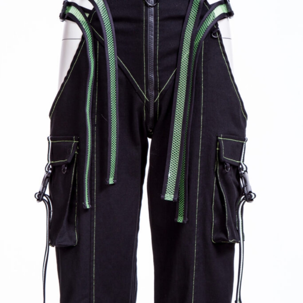 Cybergoth Rave Straight Leg Cargo Pants with Green Buckle & Pockets - Picture 2 of 5